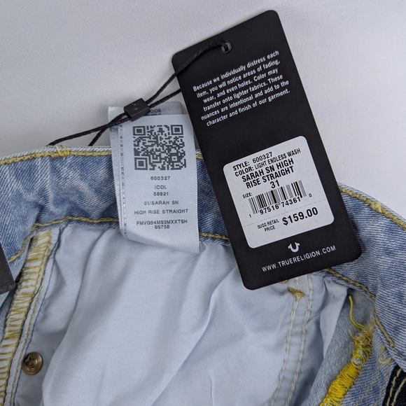 True Religion Sarah High Rise Straight Leg Jean Light Endless Blue Wash 31 NWT - Picture 15 of 16